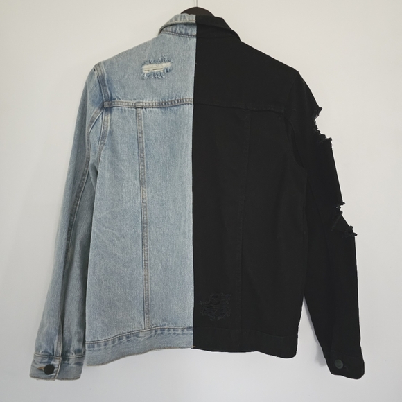 Rue 21 Unisex Small Destressed Color Block Black & Blue 100% Cotton Demin Jacket - Picture 4 of 13